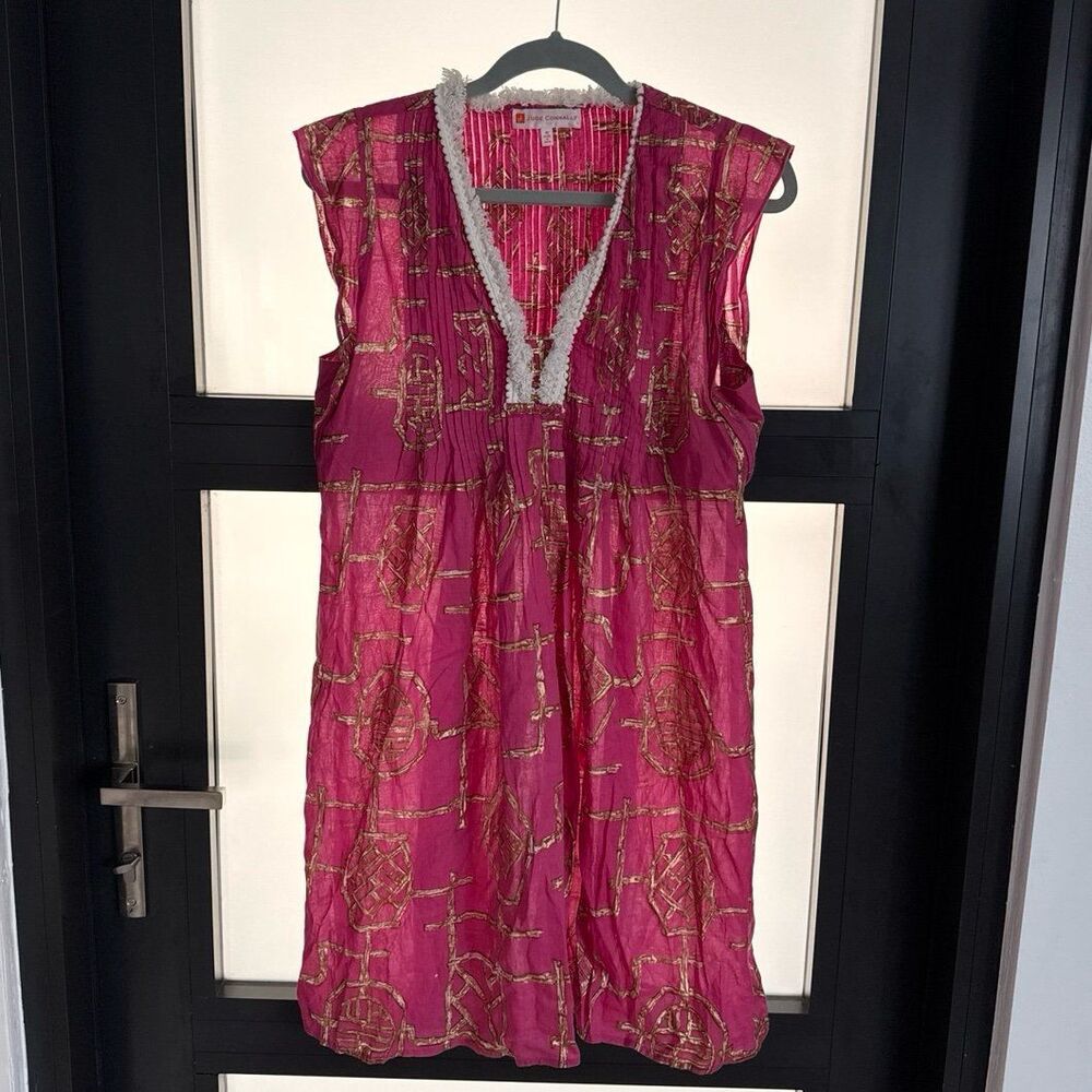 JUDE CONNALLY Larissa Bamboo Lattice Spring Pink Sz M Mini Dress Tunic Fringes